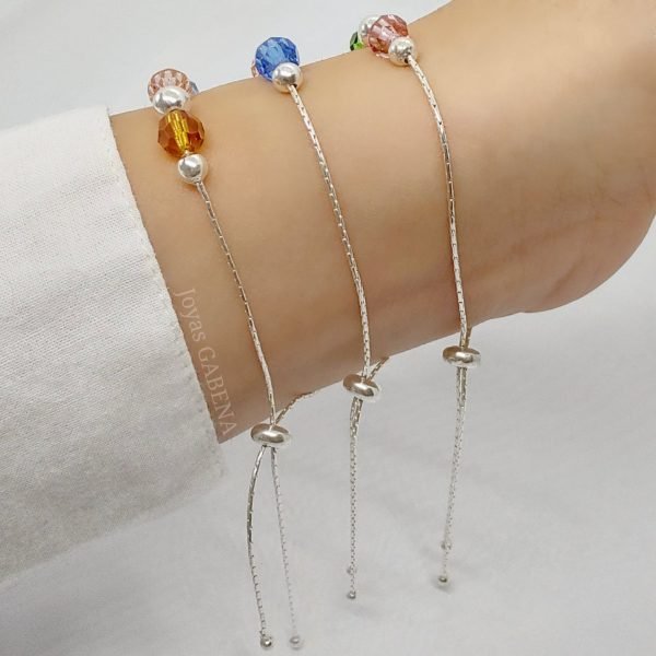 pulsera ajustable bolitas y cristales plata 925