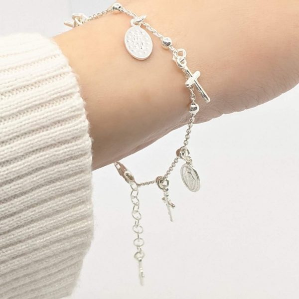 Pulsera Espejo Medalla Milagrosa Y Cruces Plata 925