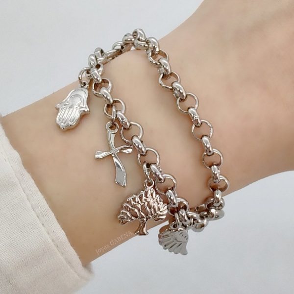 Pulsera Cruz Hamsa Ala Árbol y Corazón Acero
