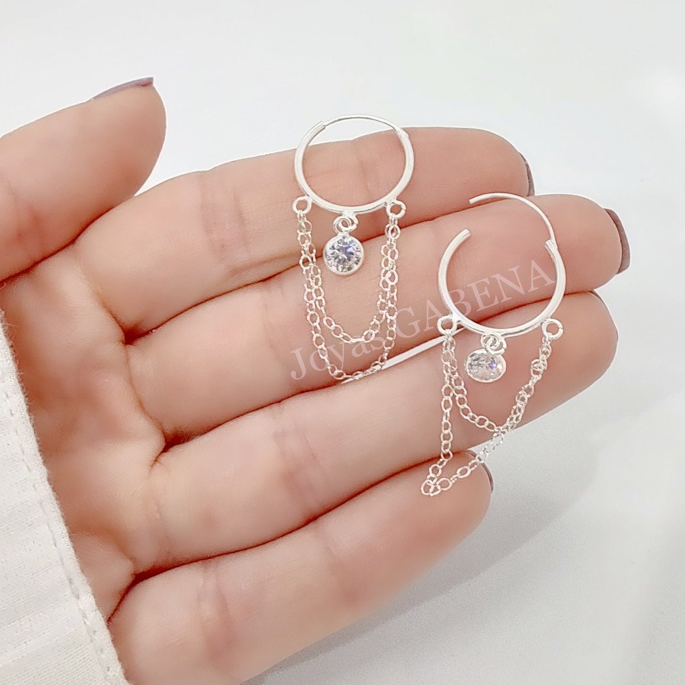 Aros Argollas Cristal y Cadenas 16mm Plata