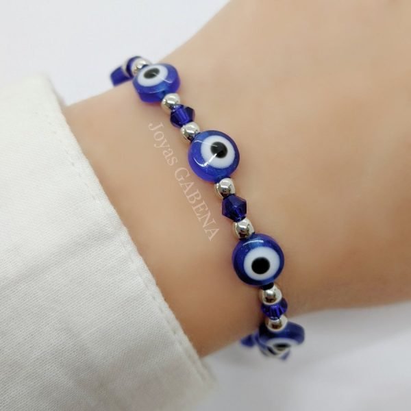 Pulsera Cristal y Ojo Turco Acero Quirúrgico - Azul 8 mm 18 a 22 cm