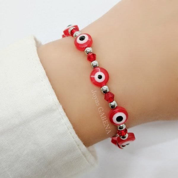 Pulsera Cristal y Ojo Turco Acero Quirúrgico - Rojo 8 mm 18 a 22 cm