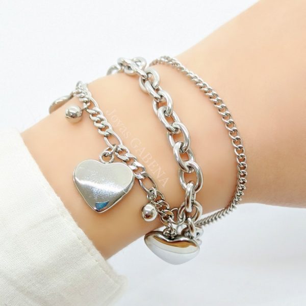 Pulsera Triple Corazones y Bolitas Acero Quirúrgico