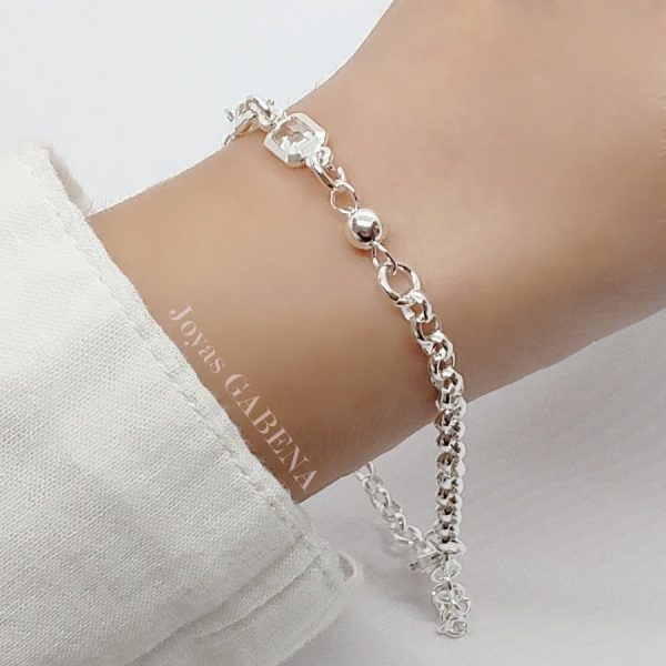 Pulsera rolo cristales y bolitas plata