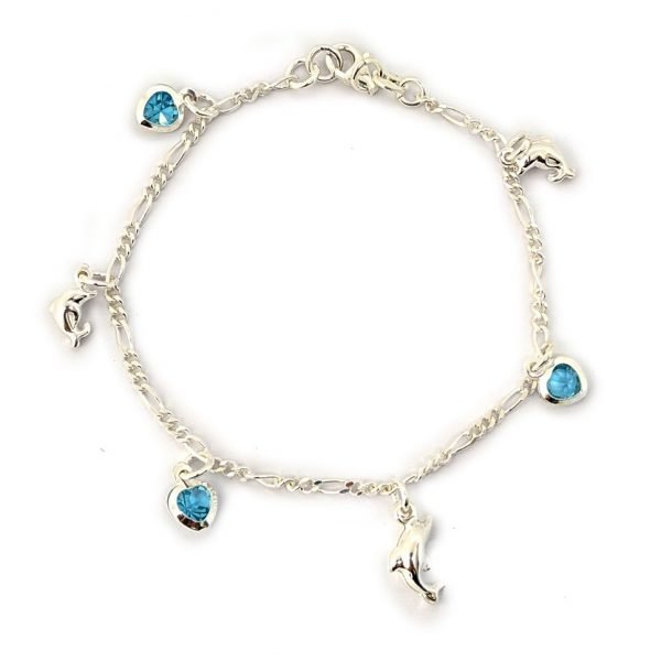 Pulsera Fígaro Corazones Cristal y Delfines Plata 925