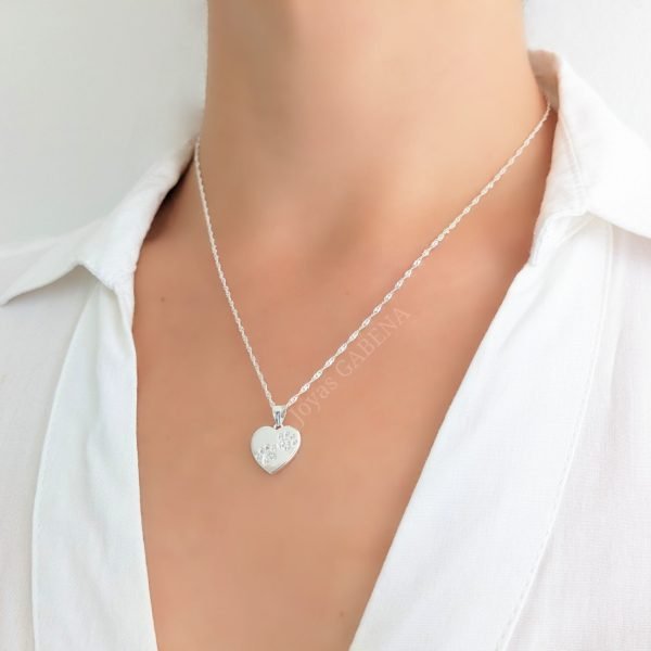Collar Corazón Huella Gato Perro Plata 925