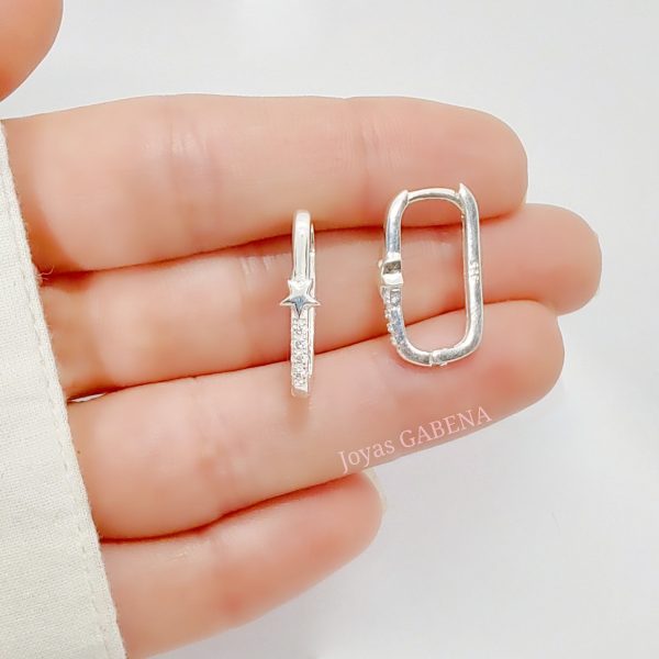 Aros Argolla Rectangular Estrella Cristales Plata 925