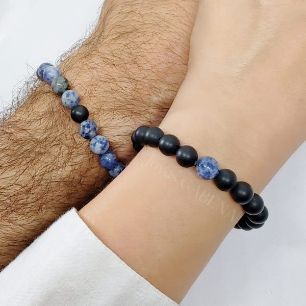 Pulseras Piedras Naturales Pareja Amistad Elástica Punto Azul y Onix 1