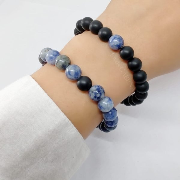 Pulseras Piedras Naturales Pareja Amistad Elástica Punto Azul y Onix