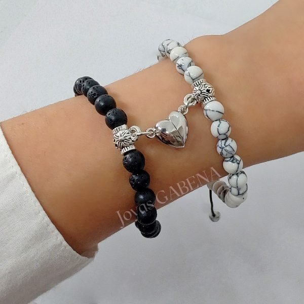 Pulseras Piedras Naturales Parejas Iman Corazón - Lava & Turquesa Blanco