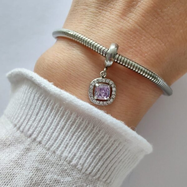 DCHA-36 Dije Charm Cristal Cuadrado Acero Quirúrgico Lila