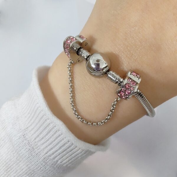 Charm Stopper Corazon Con Cadena Acero Quirúrgico rosa